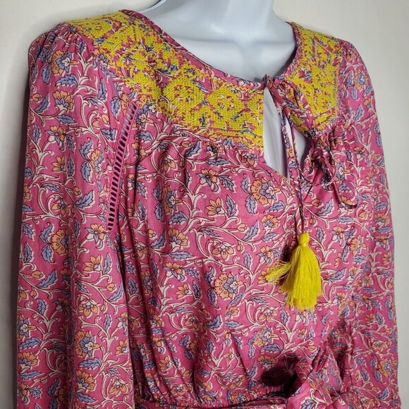 J Crew Womens Pink Floral Embroidered Tassel Romper Size 4 Long Sleeve Pockets - Picture 3 of 11